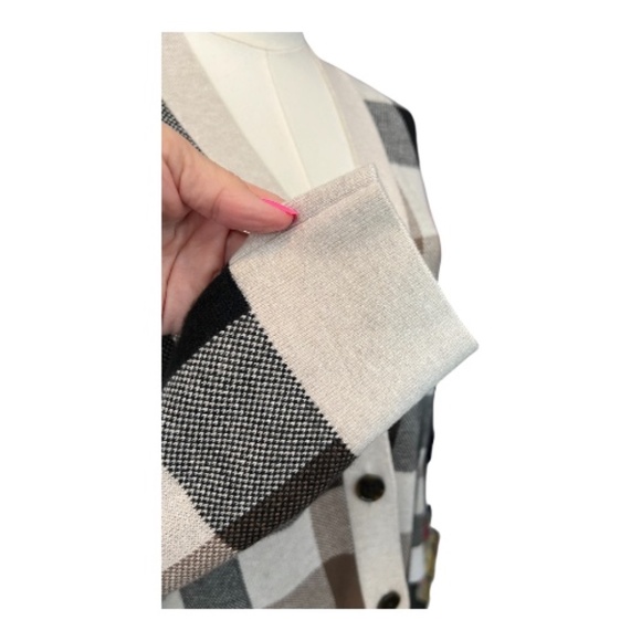 ๐ โจ NWOT LOFT Brown Beige Black Cream Plaid Button Front Cardigan | Size XL - Picture 5 of 8